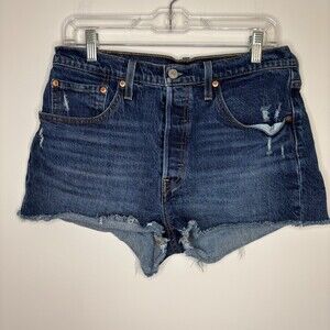 LEVI'S 501 Buttonfly Shorts Womens 30" Waist Denim Blue Raw Edge Daisy Dukes
